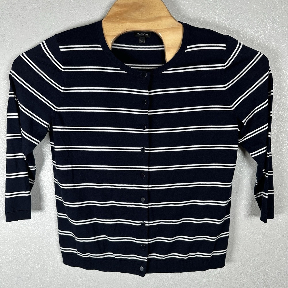 Talbots Navy White Striped 3/4 Sleeve Button Up Cardigan Sweater Womens Large‎